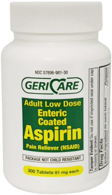 Geri-Care Adult Low Dose Enteric Coated Aspirin, a pain reliever (NSAID), 300 tablets each 81 mg.