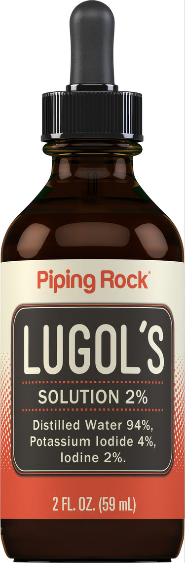 Lugol's Solution 2% bottle: 2 FL. OZ. (59 mL) with 94% distilled water, 4% potassium iodide, and 2% iodine.