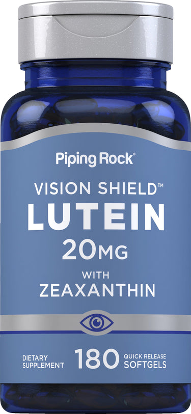 Vision Shield Lutein 20mg with Zeaxanthin dietary supplement, 180 quick release softgels.
