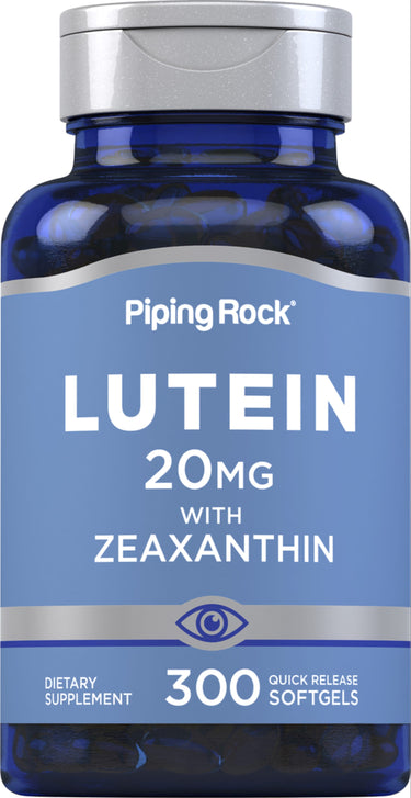 Lutein 20mg with Zeaxanthin, featuring 300 quick release softgels.