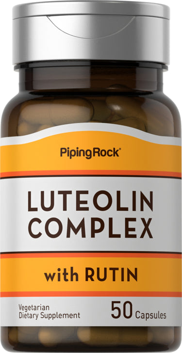 Luteolin Complex with Rutin, a vegetarian dietary supplement, 50 capsules in a bottle.