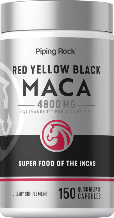Red Yellow Black Maca 4800 mg equivalent, 150 quick-release capsules, dietary supplement.