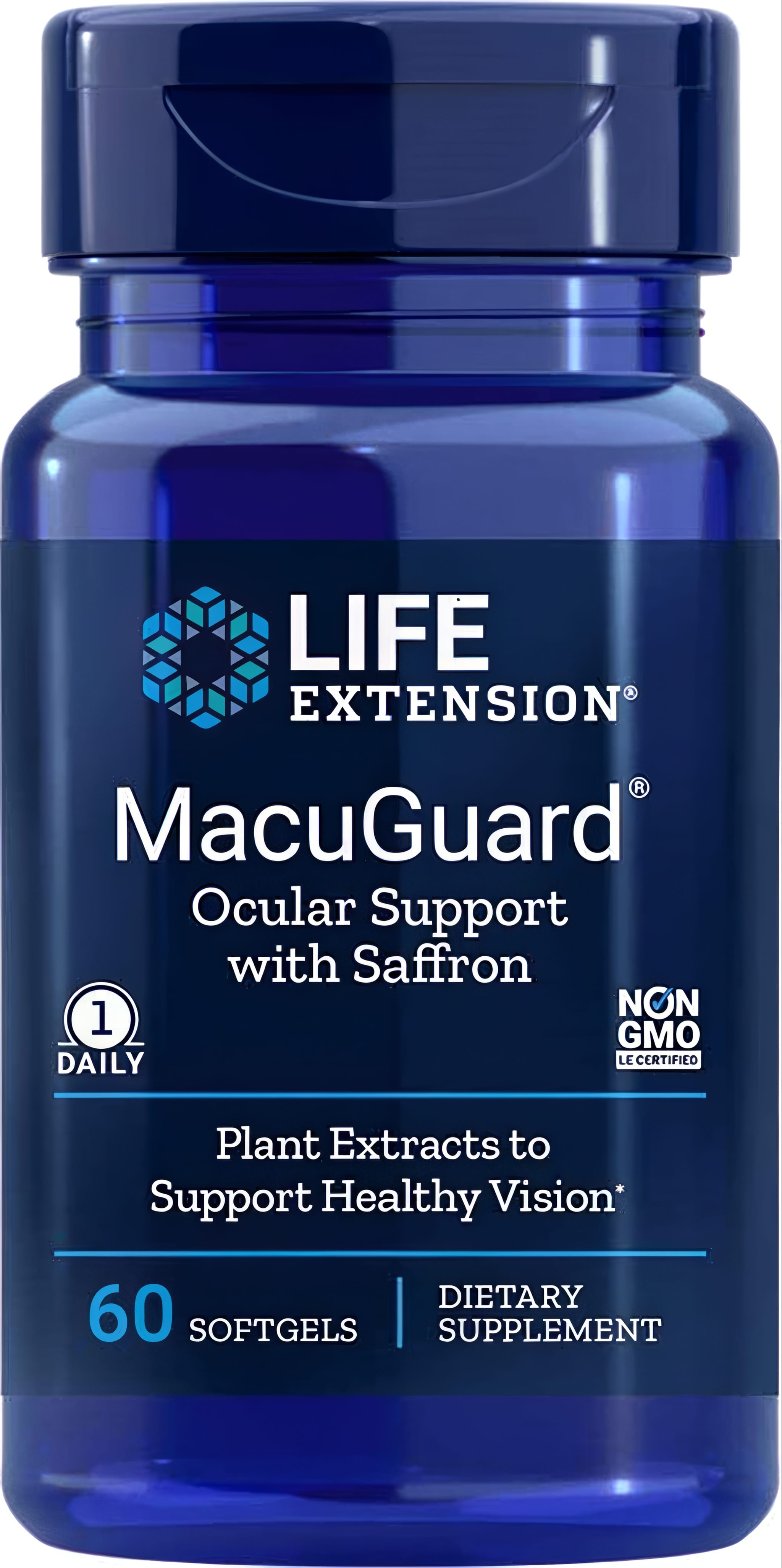 MacuGuard Ocular Support with Saffron, 60 softgels, taken once daily, non-GMO, LE certified.