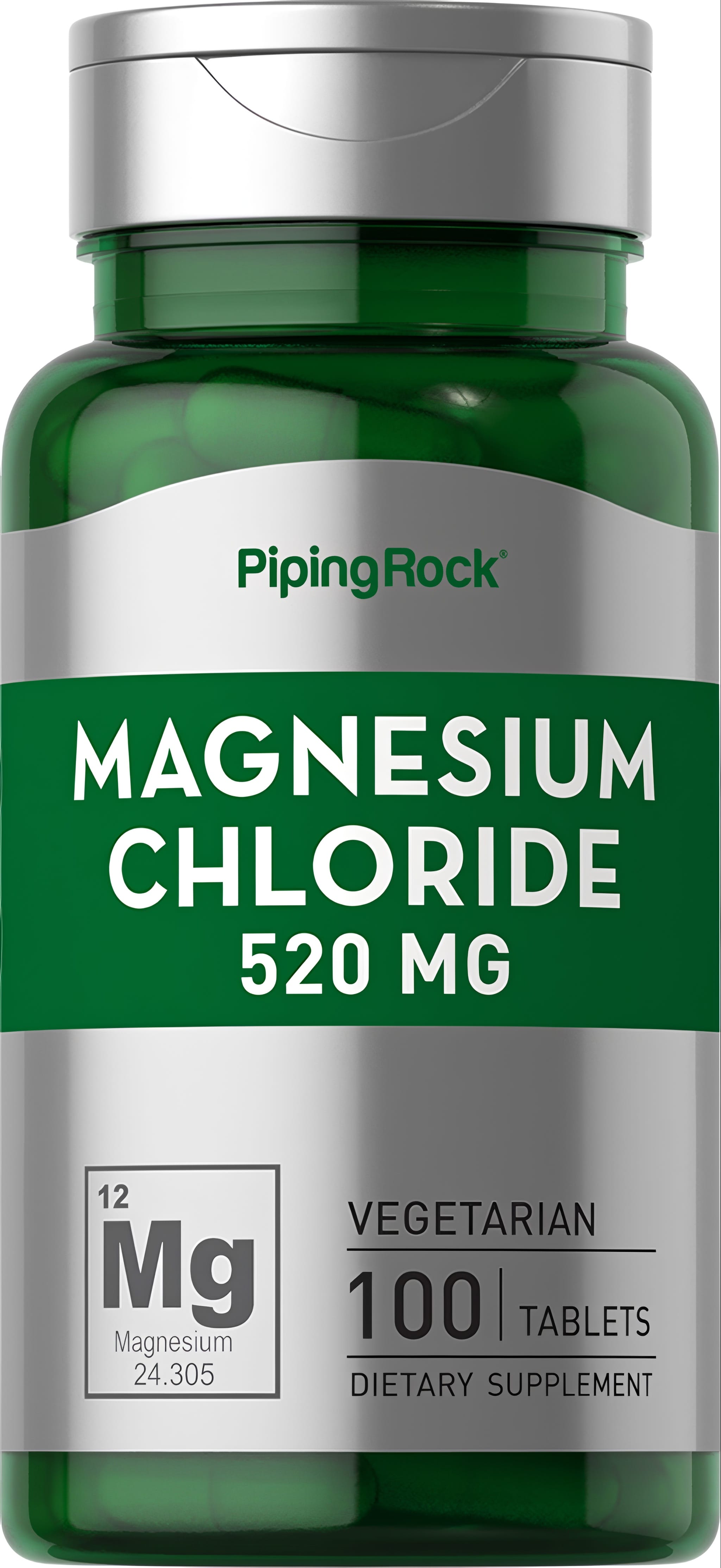 Magnesium Chloride, 520 mg, 100 tablets. Vegetarian dietary supplement with Mg periodic table symbol.