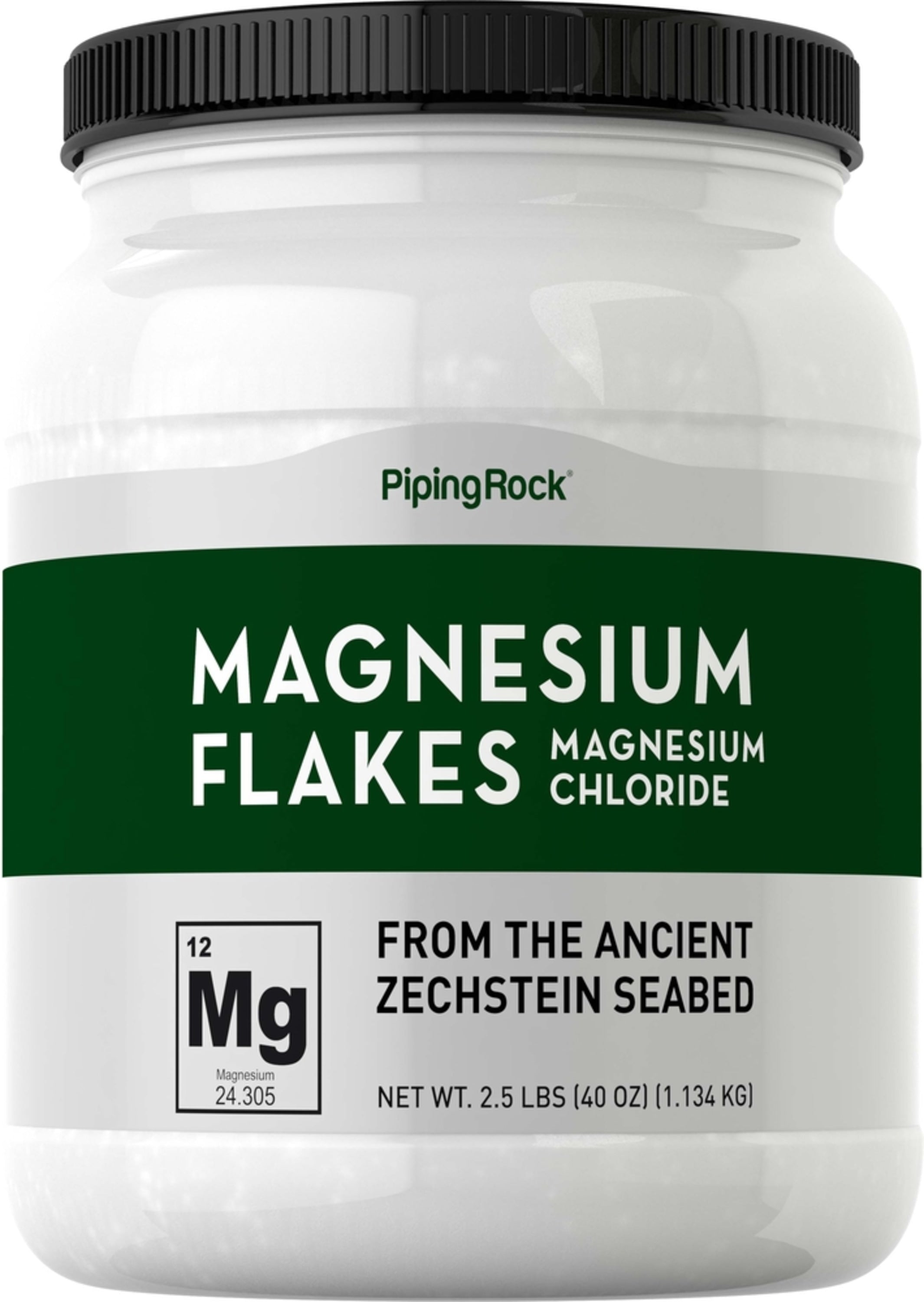 Magnesium flakes in a 2.5 lbs (40 oz) package, containing magnesium chloride.