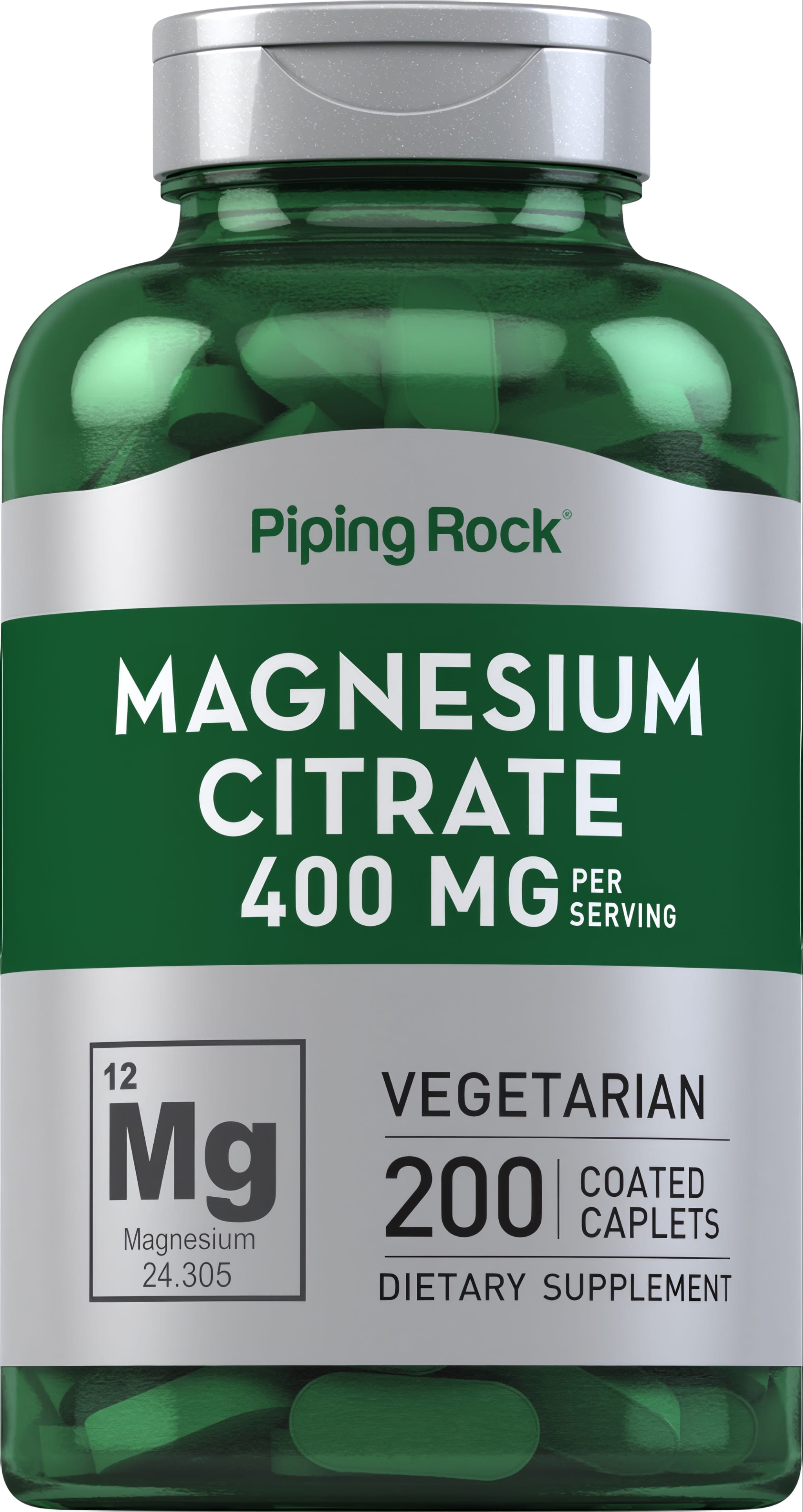 Vegetarian dietary supplement with magnesium citrate, 400 MG per serving, 200 coated caplets.