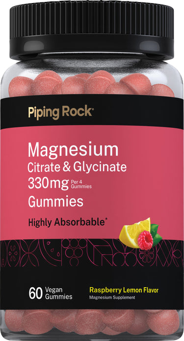 Magnesium Citrate & Glycinate (Raspberry Lemon), 330 mg (per serving), 60 Vegan Gummies