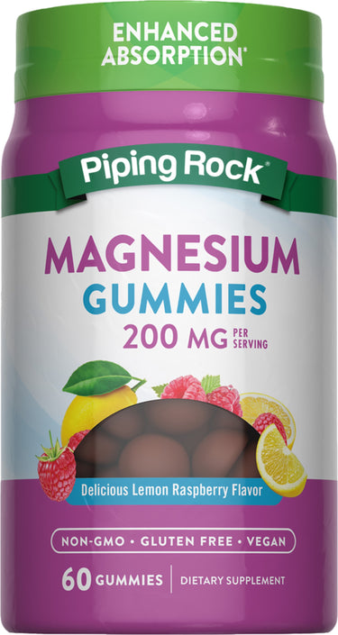 Magnesium gummies with 200 mg per serving, 60 pieces, lemon raspberry flavor. Non-GMO, gluten-free, vegan.