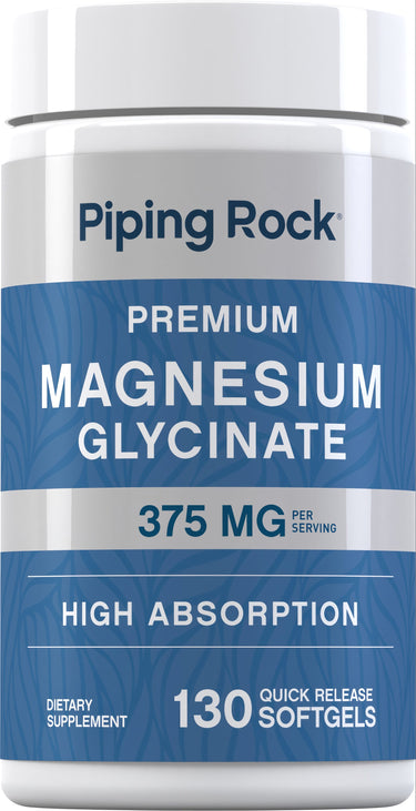 Premium Magnesium Glycinate 375 mg per serving, high absorption, 130 quick-release softgels, dietary supplement.