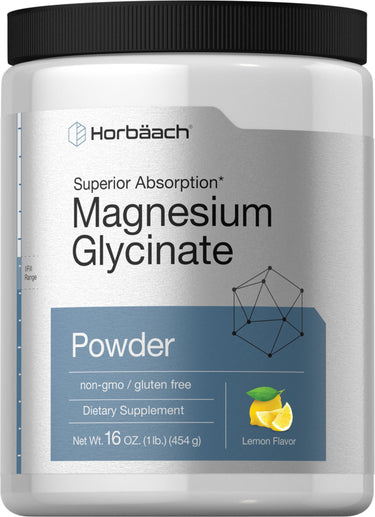 Horbäach Magnesium Glycinate Powder, lemon flavor, 16 OZ (454 g), featuring superior absorption, non-GMO, gluten-free.