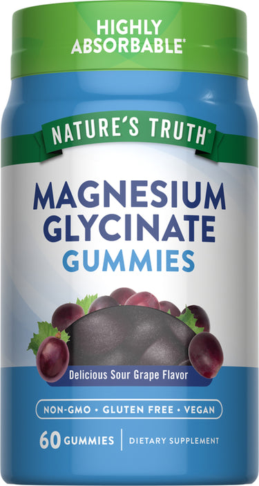 Nature's Truth Magnesium Glycinate 60 Gummies, Sour Grape Flavor. Highly Absorbable, Non-GMO, Gluten Free, Vegan, Dietary Supplement.