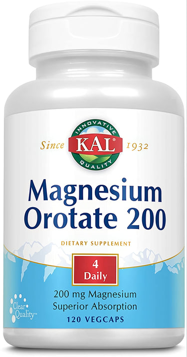 Kal Magnesium Orotate bottle contains 200mg and 120 vegetable capsules.
