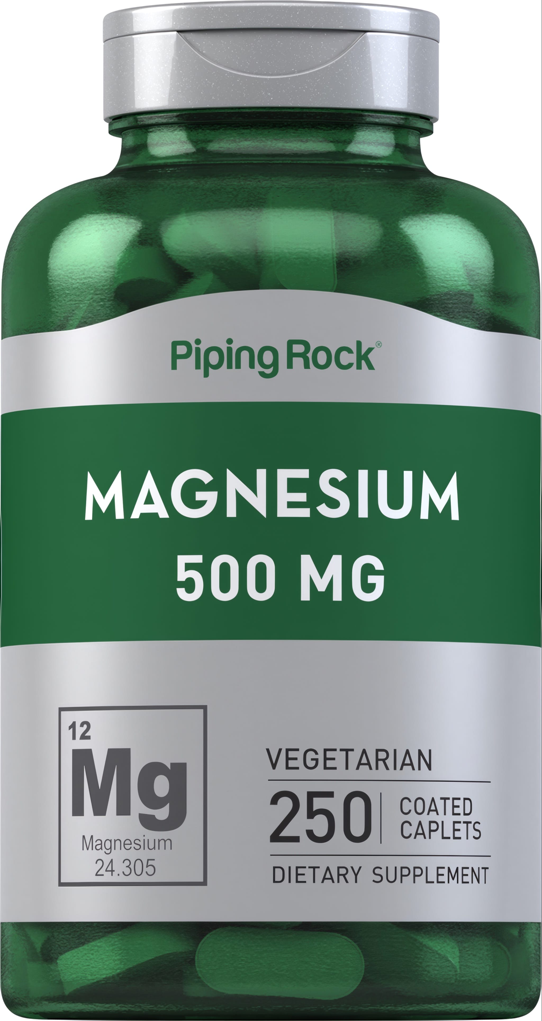 Magnesium Oxide 500 mg, 250 vegetarian caplets, dietary supplement, coated for easy swallowing.
