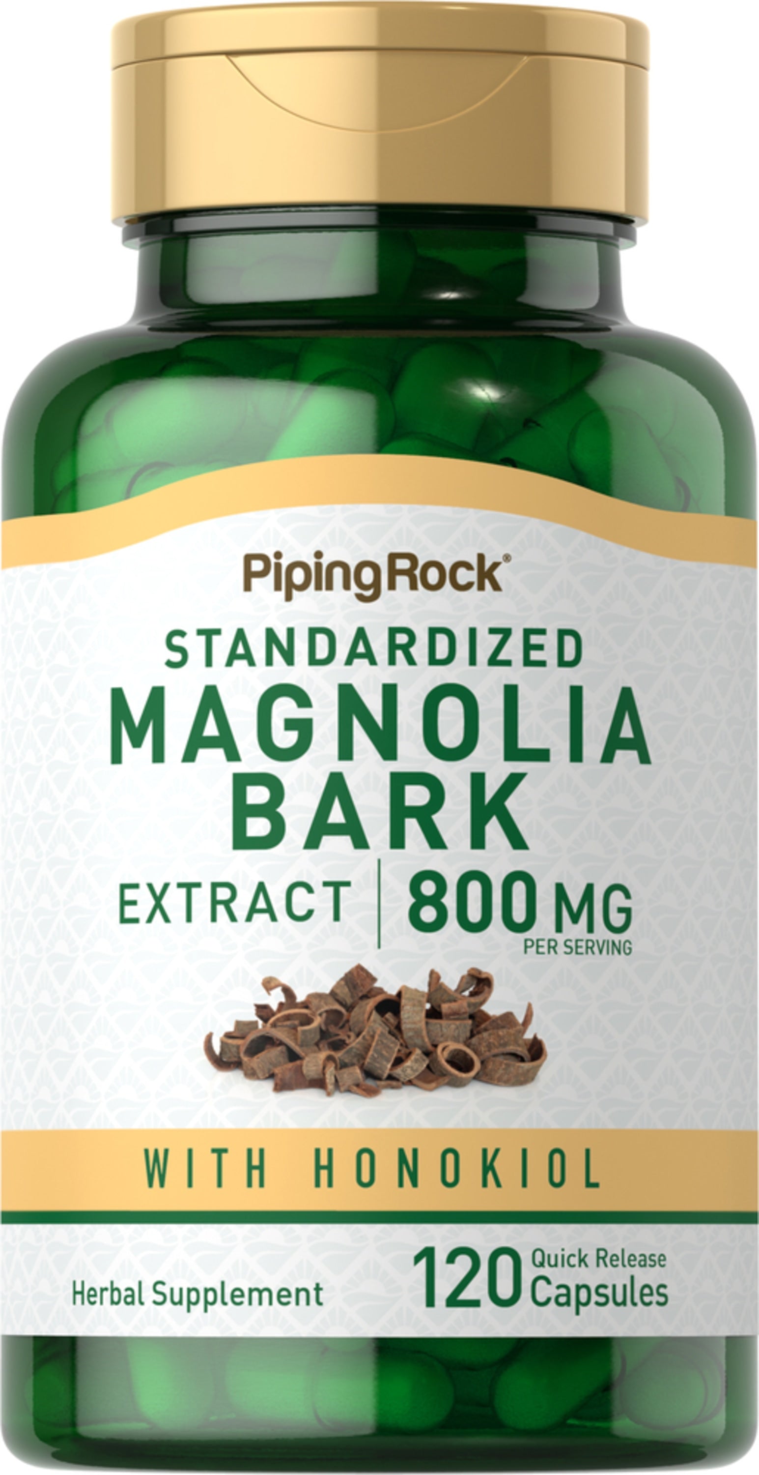 Magnolia Bark Extract 800mg with Honokiol, 120 Quick Release Capsules in a bottle.