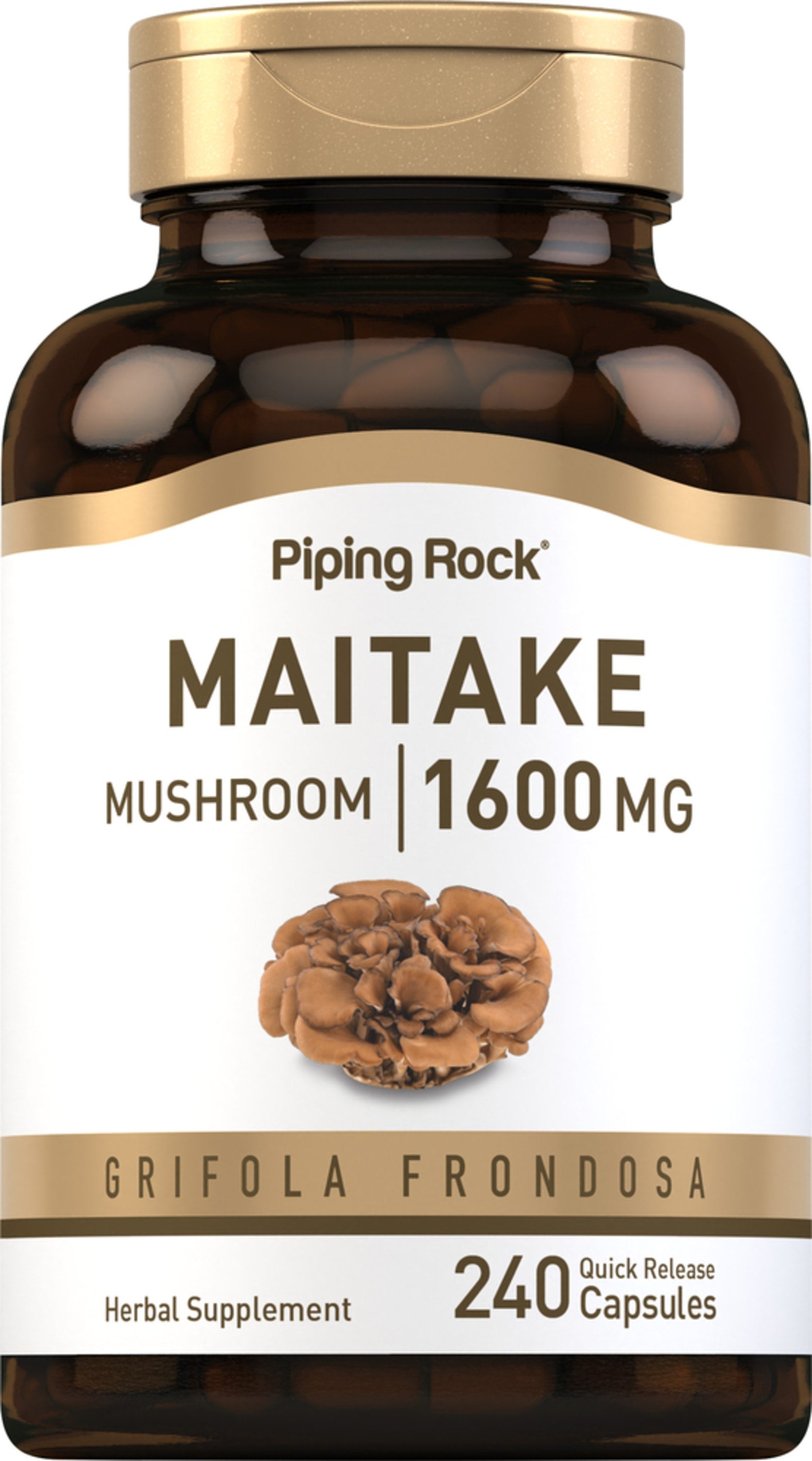 Maitake Mushroom 1600MG supplement in a bottle containing 240 quick release capsules.