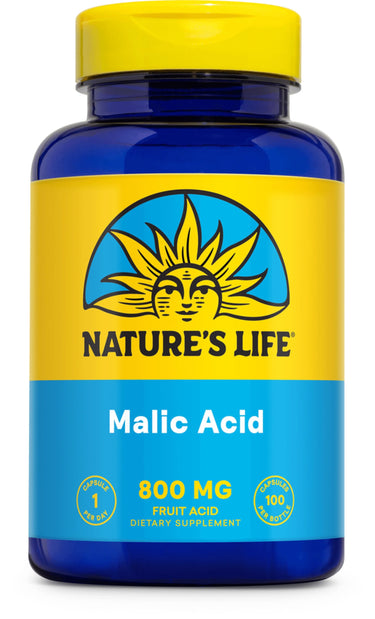 Dietary supplement bottle of Malic Acid 800 MG containing 100 capsules.