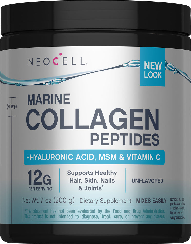 Neocell Marine Collagen Peptides Powder includes Hyaluronic Acid, MSM, and Vitamin C. Unflavored, 7 oz (200 g).