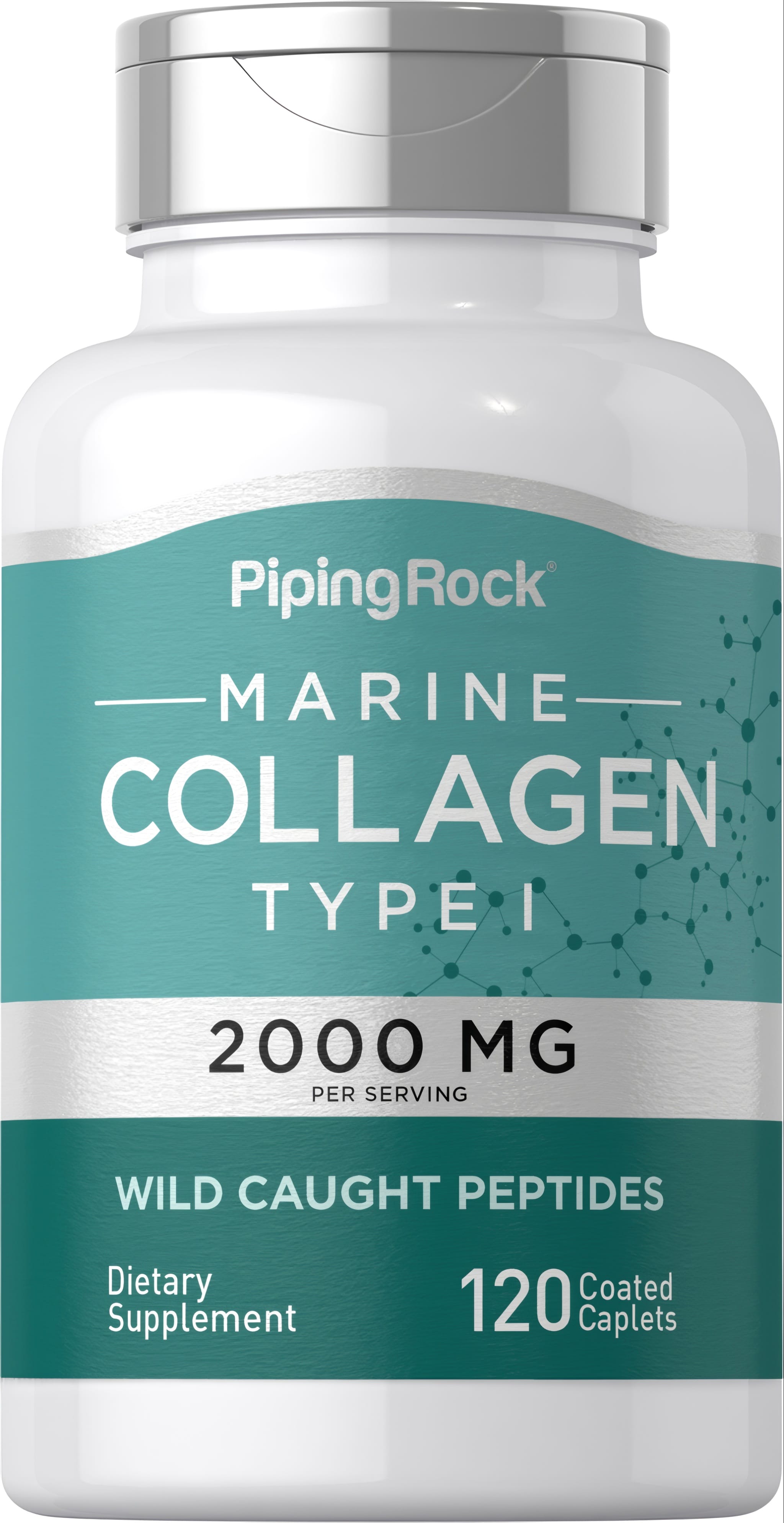 Marine Collagen Type I, wild caught peptides, 2000 MG per serving, 120 coated caplets, dietary supplement.