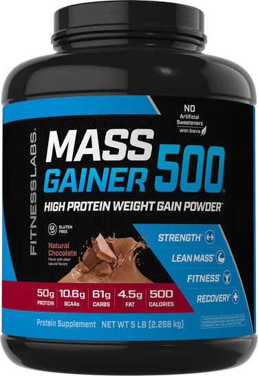 Fitnesslabs Mass Gainer 500, a high-protein weight gain powder, in natural chocolate flavor, 5 LB (2.268 kg).