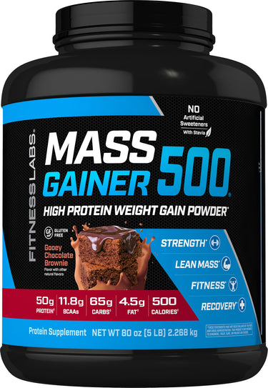 MASS GAINER 500 High Protein Weight Gain Powder, Gooey Chocolate Brownie flavor in an 80 oz (5 LB) tub.