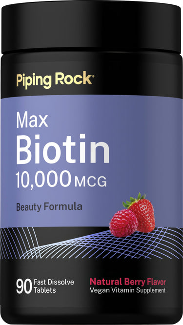Max Biotin 10,000 MCG Beauty Formula, Natural Berry Flavor, 90 Fast Dissolve Tablets. Vegan Vitamin Supplement.
