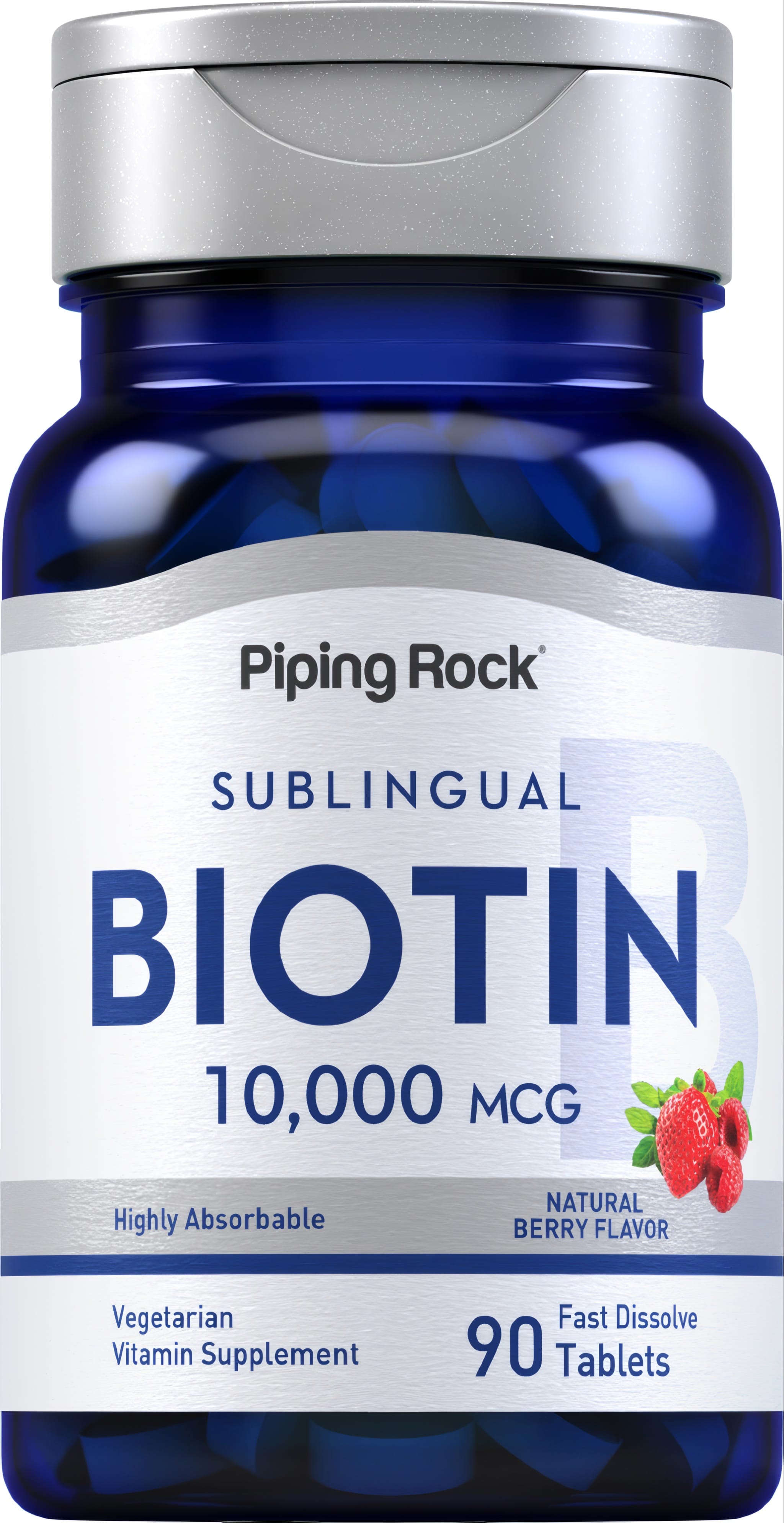 Sublingual Biotin 10,000 MCG tablets, 90 count, Natural Berry Flavor, fast dissolve, highly absorbable, vegetarian.