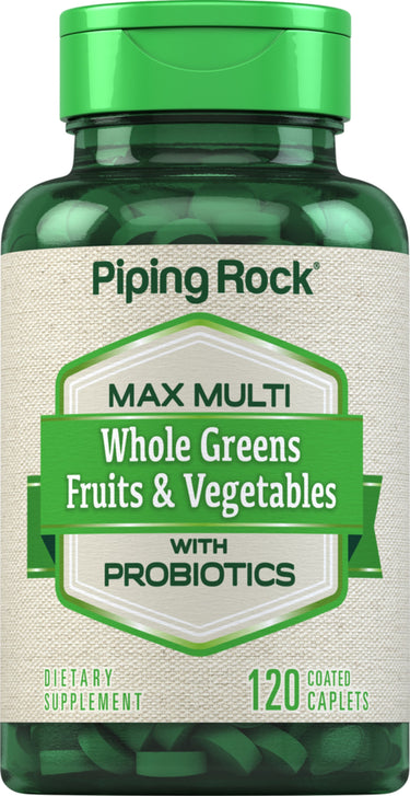 Max Multi Whole Greens Fruits & Vegetables With Probiotics dietary supplement, containing 120 coated caplets.