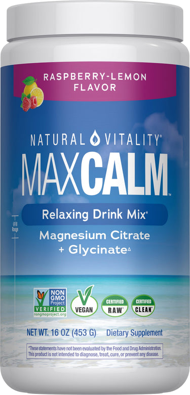 Natural Vitality MaxCalm Relaxing Drink Mix, Raspberry-Lemon Flavor, with Magnesium Citrate and Glycinate, 16 oz.