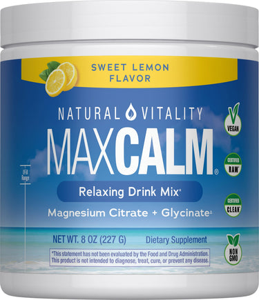 MAXCALM Drink Mix in Sweet Lemon flavor, featuring Magnesium Citrate and Glycinate, 8 OZ, Vegan, Certified Clean, Non GMO.