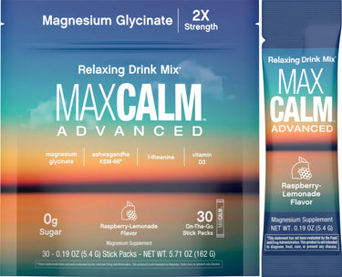 Max Calm Advanced Magnesium Glycinate with Ashwagandha, 0g Sugar, Raspberry-Lemonade flavor, 30 stick packs.