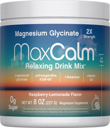 Magnesium Glycinate MaxCalm Relaxing Drink Mix, double strength, Raspberry-Lemonade flavor, 8 oz.
