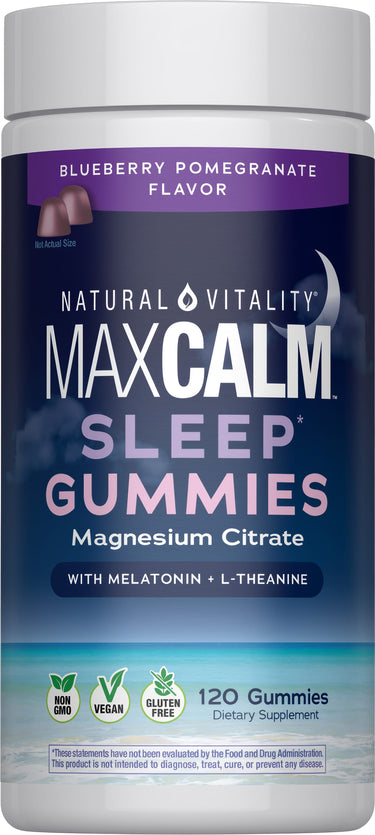 MaxCalm Sleep Gummies, Blueberry Pomegranate flavor, feature Magnesium Citrate, Melatonin, and L-Theanine. 120 Gummies.