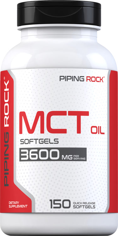 MCT Oil Softgels provide 3600 mg per serving with 150 quick-release softgels in the bottle.