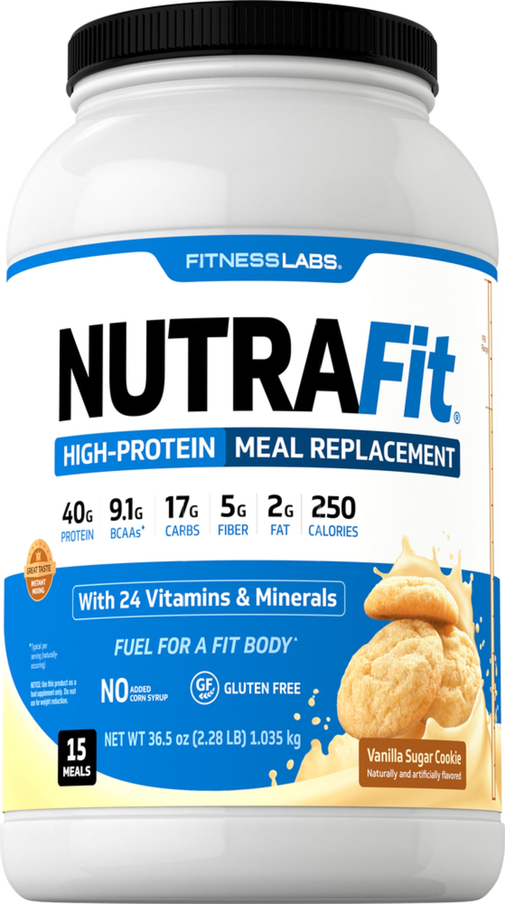 NutraFit Vanilla Sugar Cookie packs 40g of protein, 250 calories, 15 meals. Gluten free, no added corn syrup. Weighs 36.5 oz.