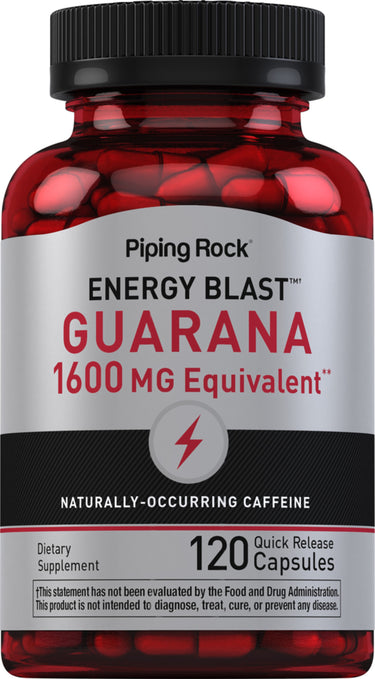 Energy Blast Guarana 1600 MG, with naturally occurring caffeine, includes 120 quick release capsules.