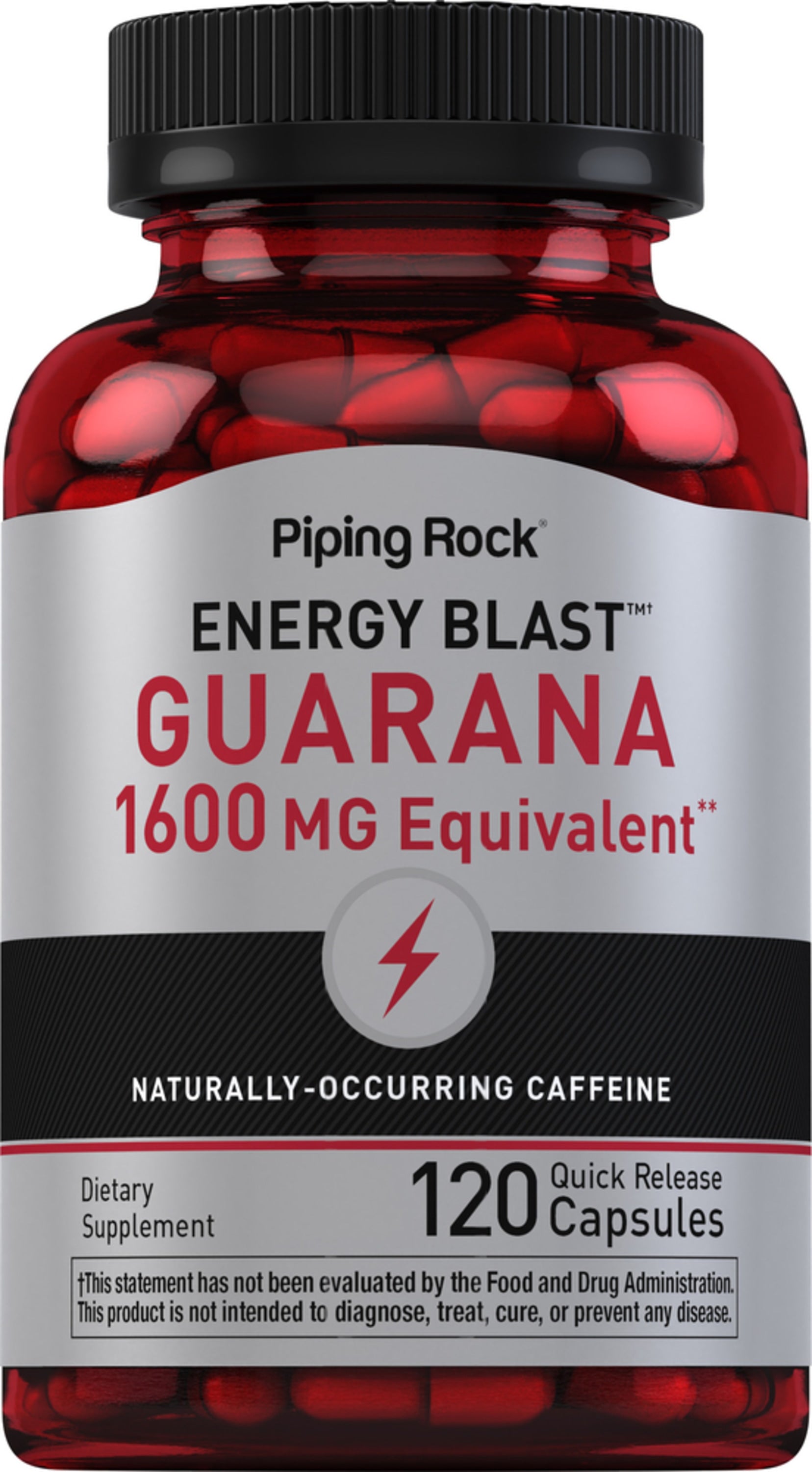 Energy Blast Guarana 1600 MG, with naturally occurring caffeine, includes 120 quick release capsules.