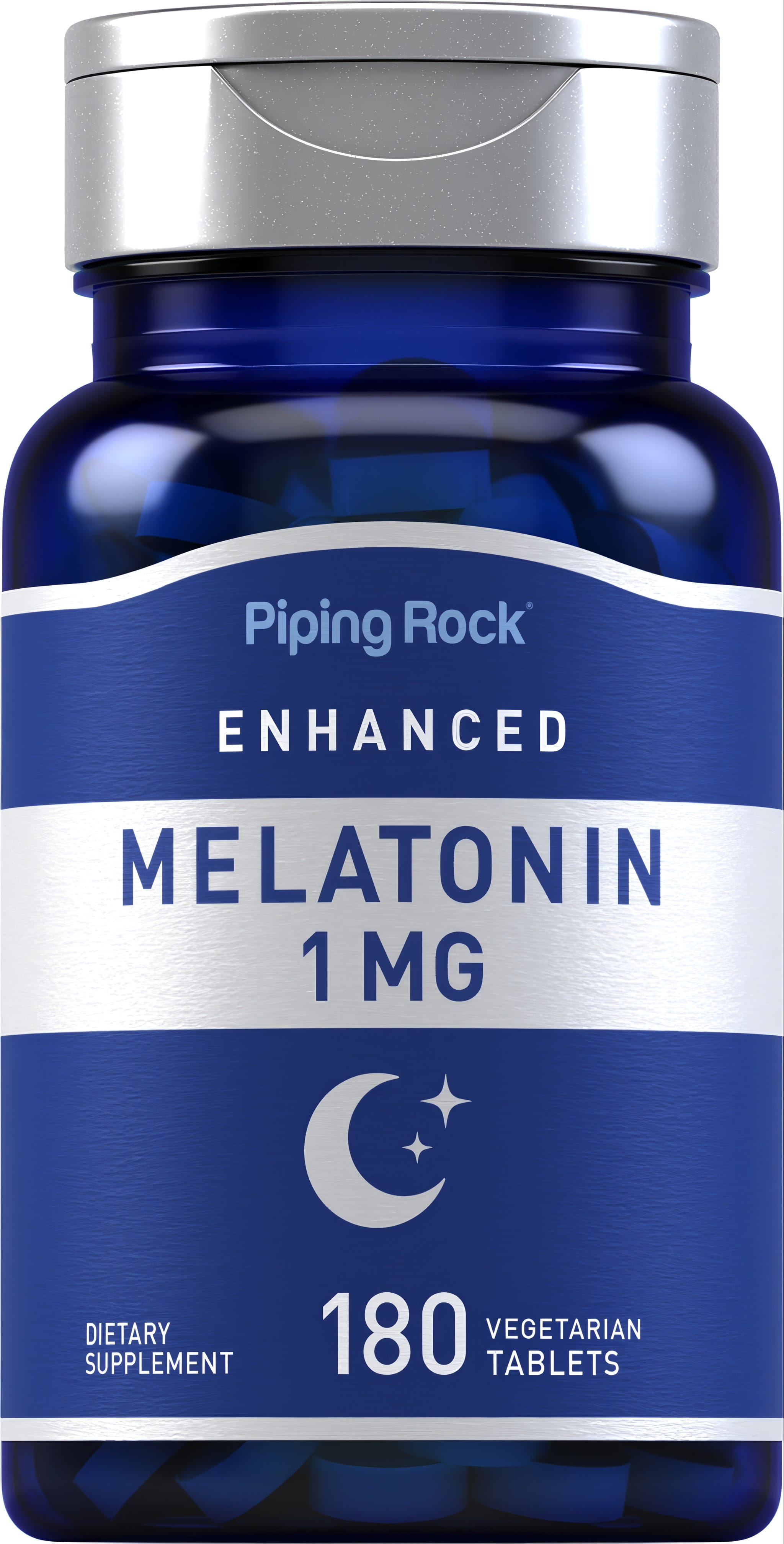 Enhanced Melatonin 1 mg, 180 vegetarian tablets, a dietary supplement in a clear bottle.