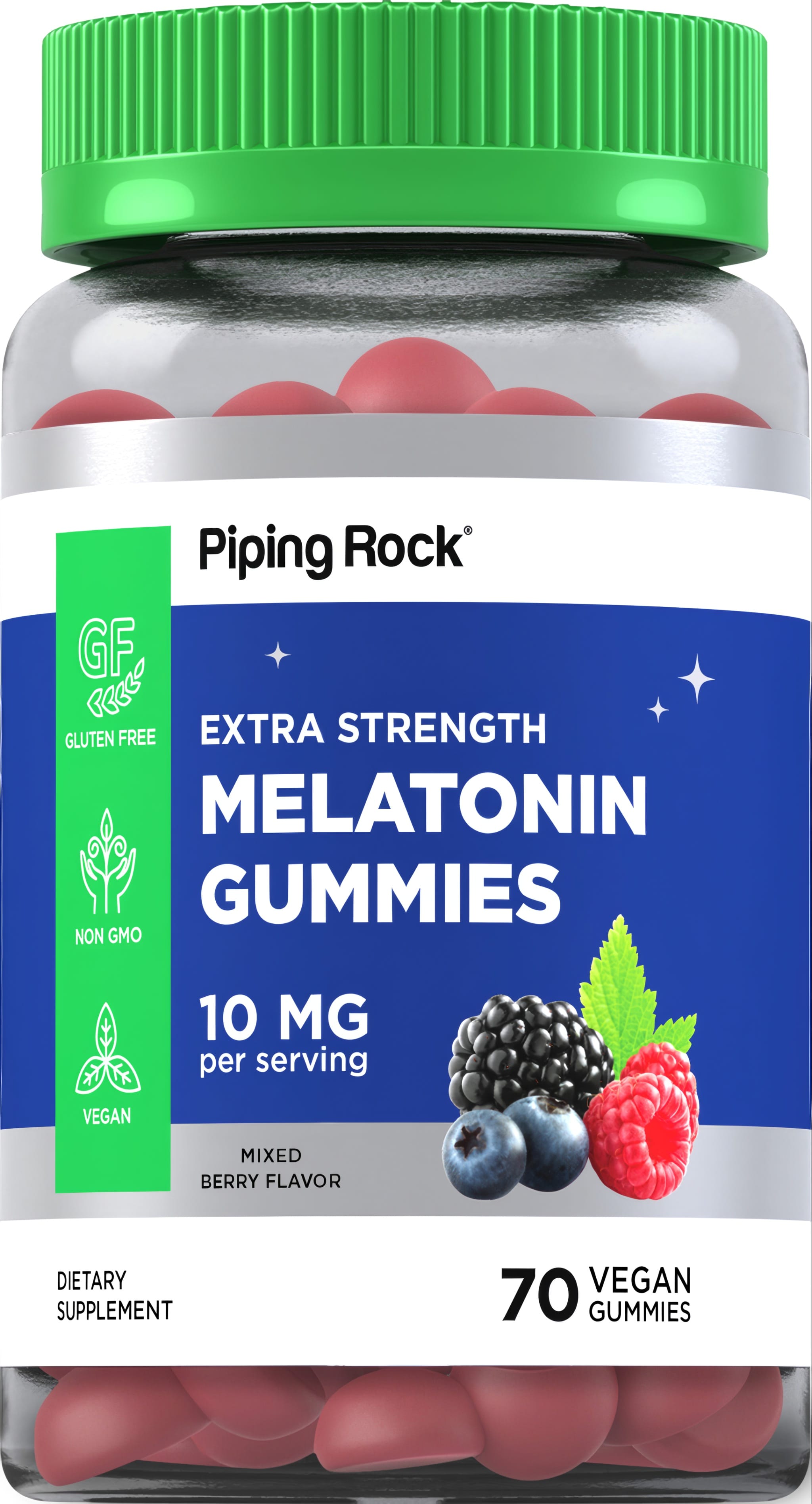 Extra Strength Melatonin Gummies offer 10 mg per serving in a mixed berry flavor with 70 vegan gummies.