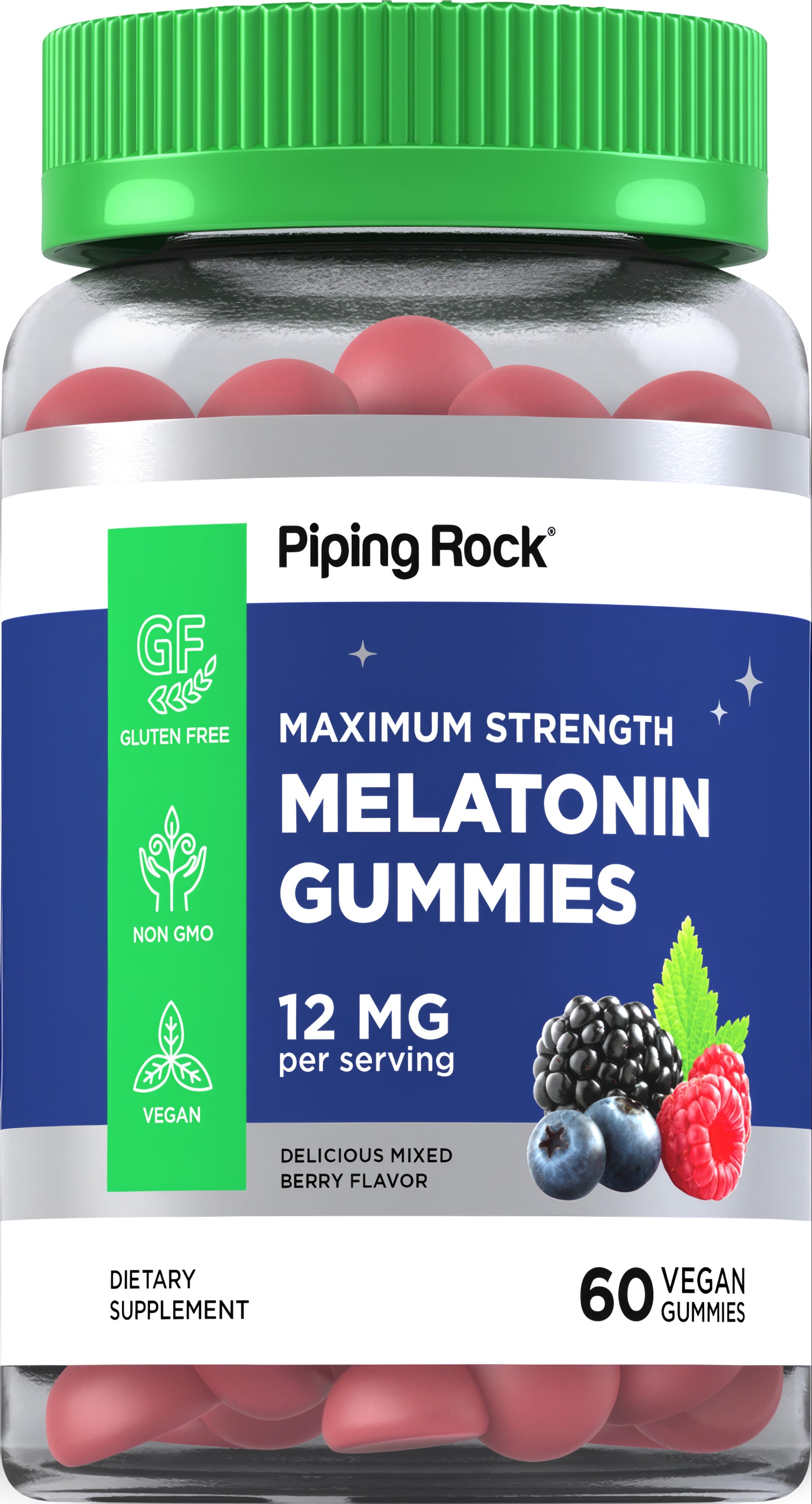 This is a bottle of 60 vegan melatonin gummies, each containing 12 mg, designed to support sleep in a convenient chewable form.