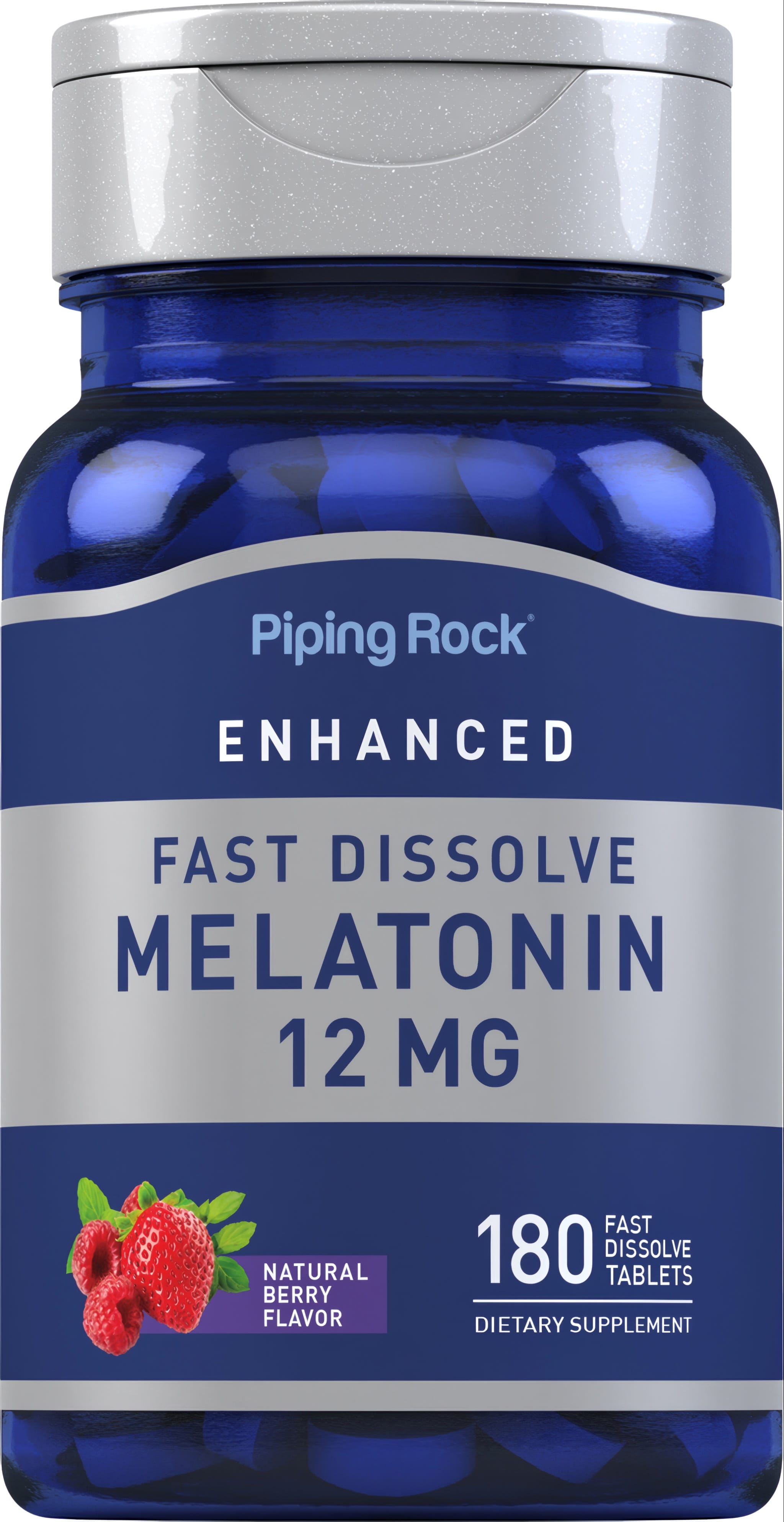 Fast dissolve melatonin tablets, 12 mg, 180 count, with natural berry flavor.