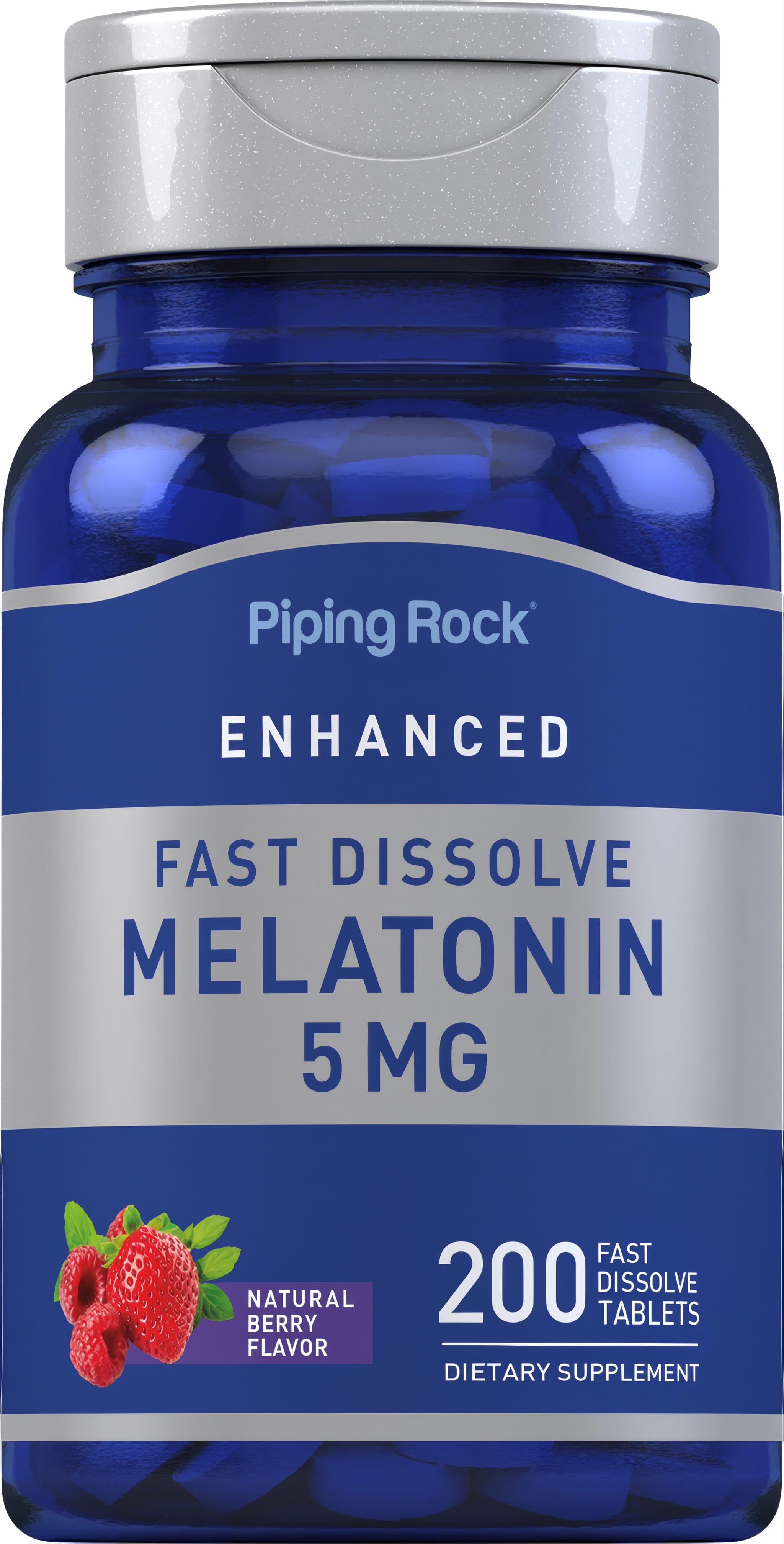 Enhanced Melatonin 5 MG Fast Dissolve, Natural Berry Flavor, 200 tablets, dietary supplement for better sleep.