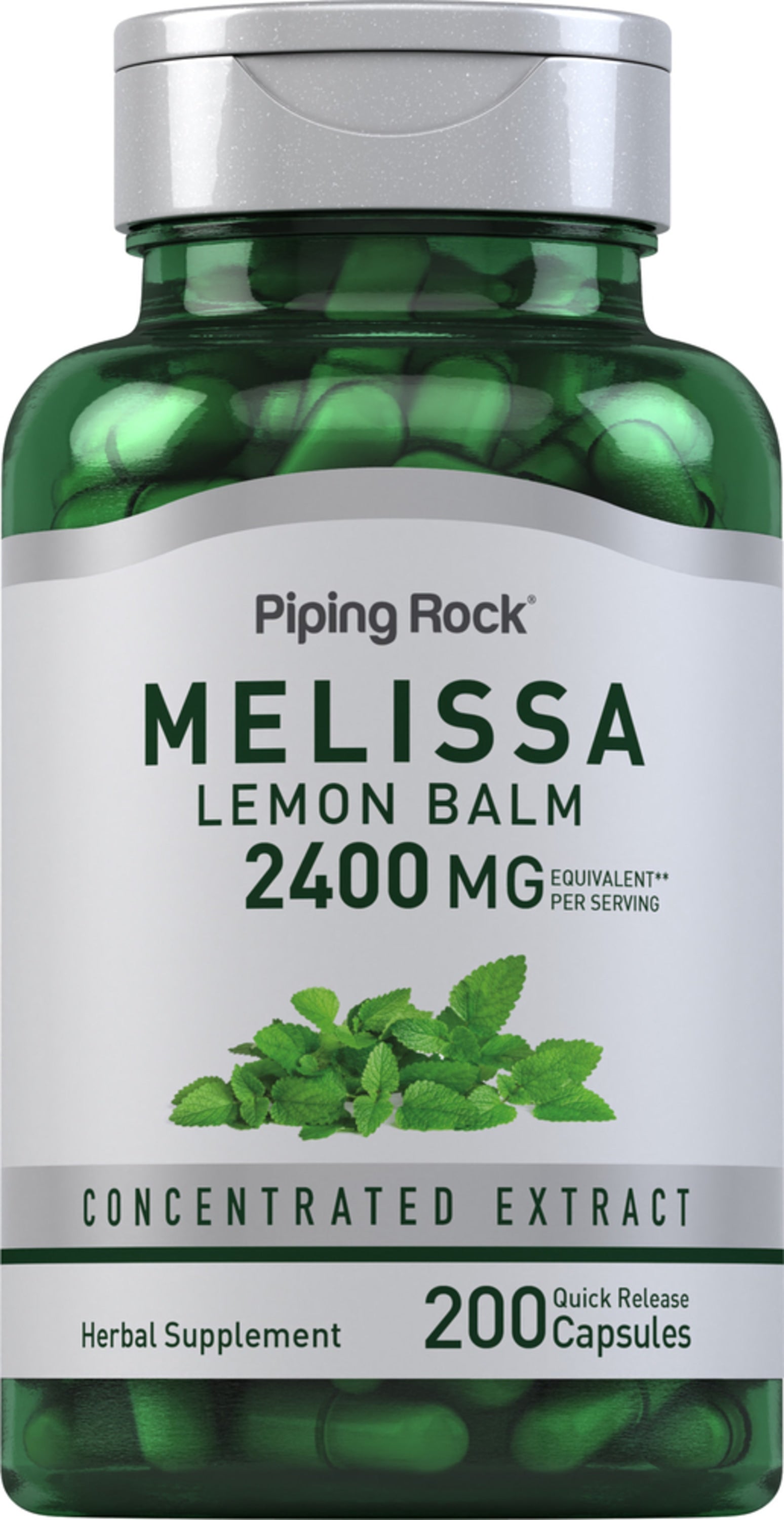 Melissa (Lemon Balm) herbal supplement with 2400 mg concentrated extract, featuring 200 quick release capsules.