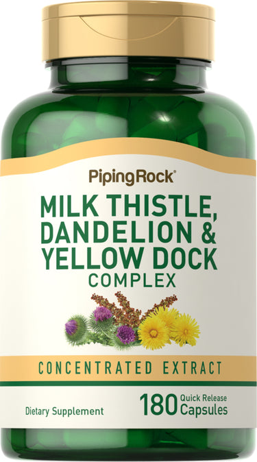 Milk Thistle, Dandelion, and Yellow Dock Complex offers 180 quick-release capsules.