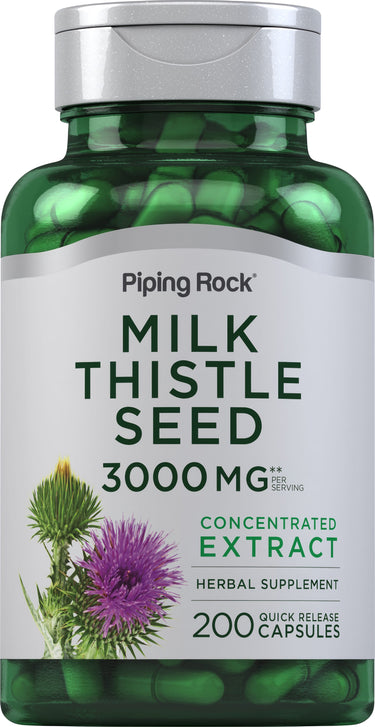 Milk Thistle Seed 3000 MG Concentrated Extract Herbal Supplement with 200 Quick Release Capsules.
