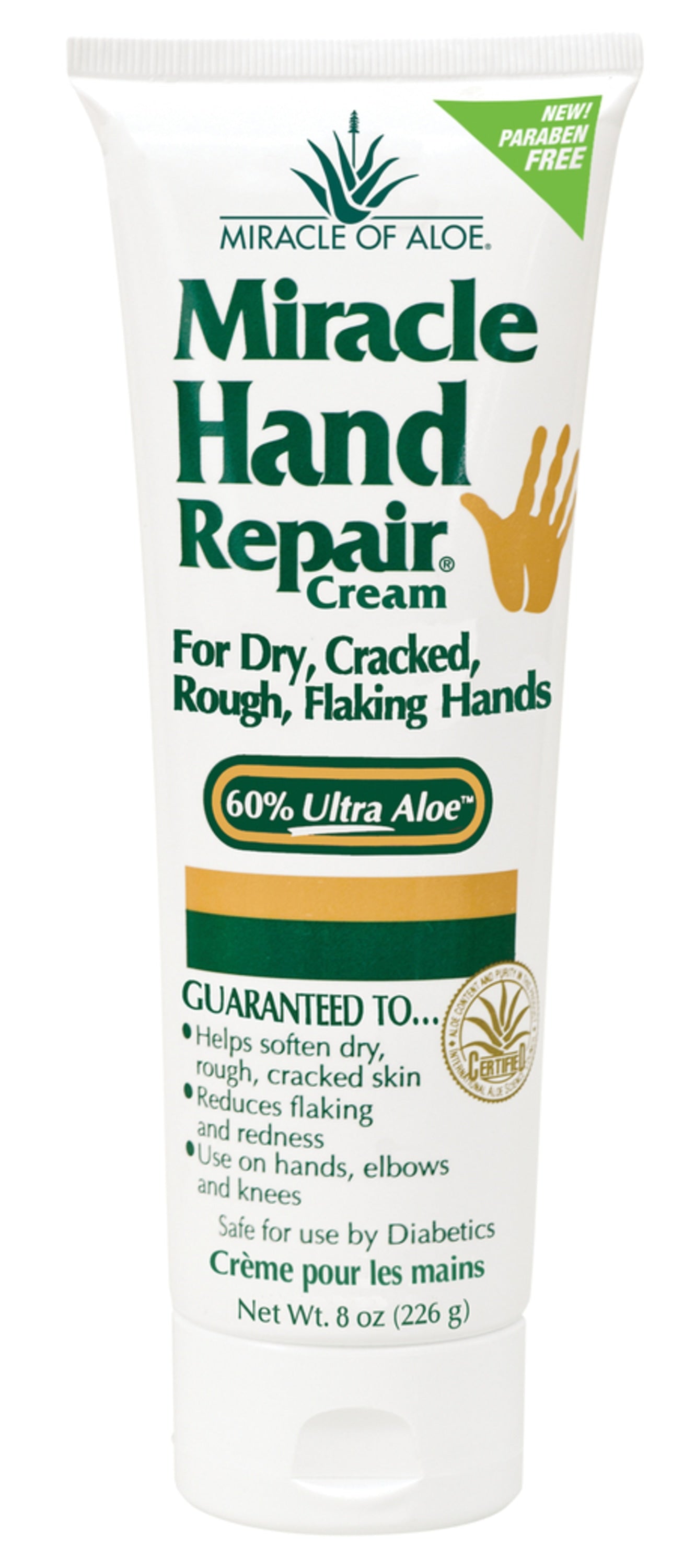 Miracle Hand Repair Cream 8 oz tube for dry, cracked hands, marked 'NEW! PARABEN FREE' and containing '60% Ultra Aloe™'.