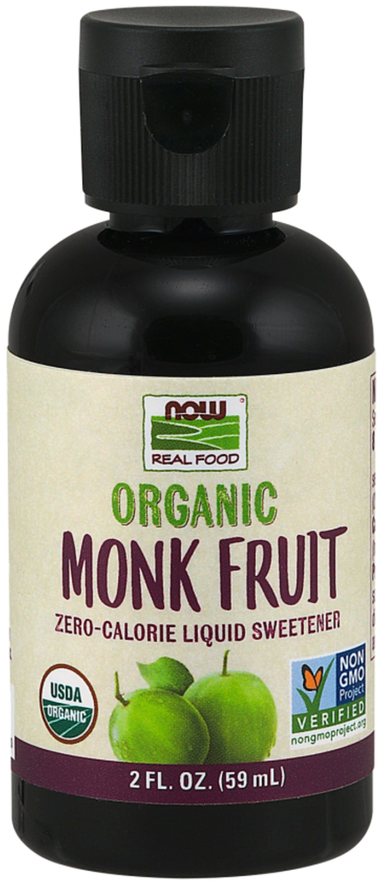 Now Foods Real Food Organic Monk Fruit Liquid Sweetener, zero-calorie, 2 fl oz bottle.