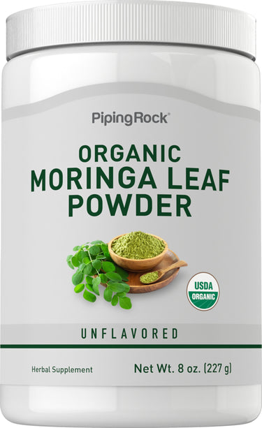 Organic Moringa Leaf Powder, unflavored herbal supplement. Net weight 8 oz (227 g). USDA Organic certified.