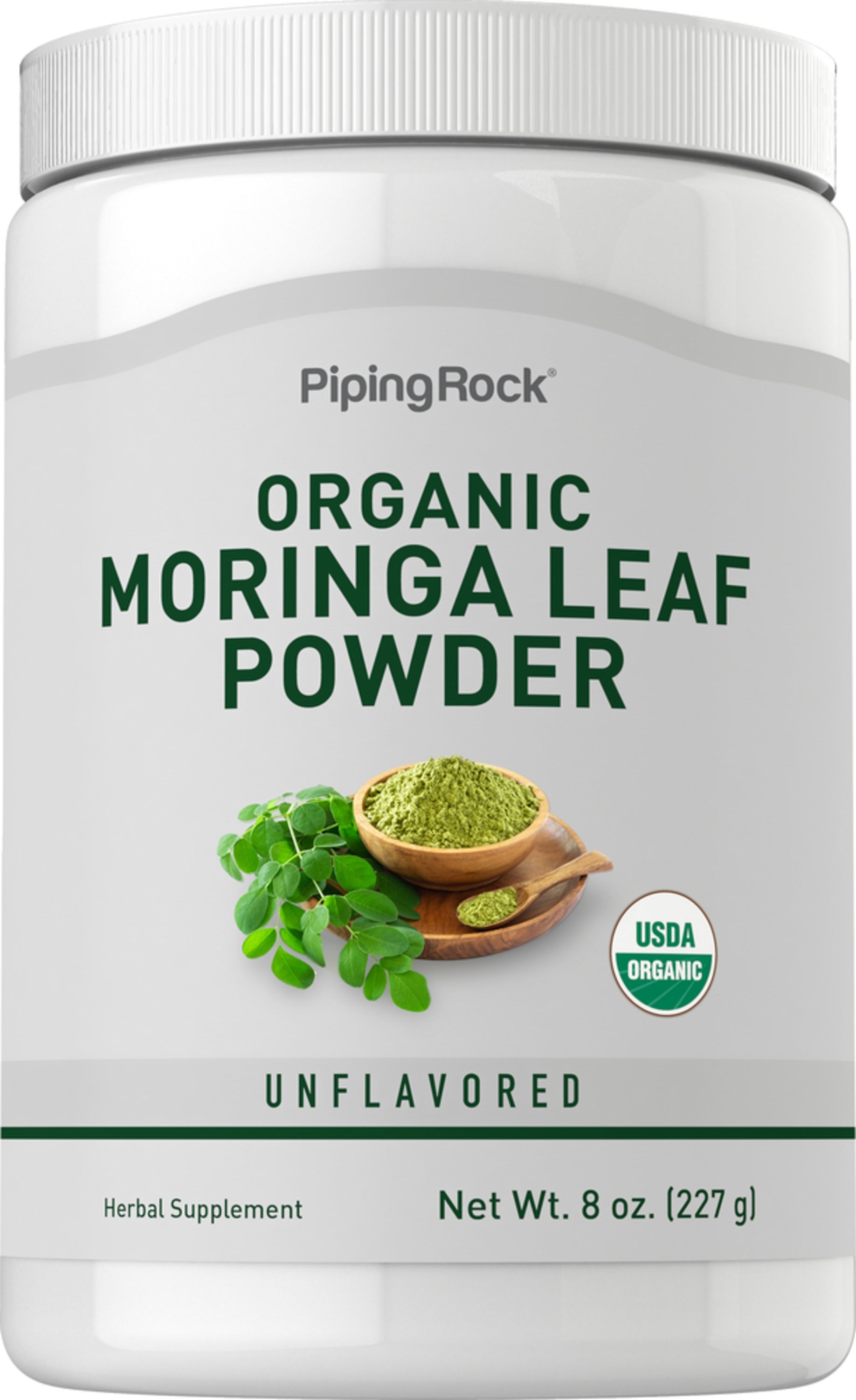 Organic Moringa Leaf Powder, unflavored herbal supplement. Net weight 8 oz (227 g). USDA Organic certified.