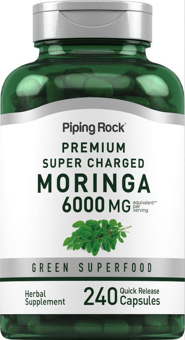 Premium Super Charged Moringa supplement with 6000 MG equivalent per serving, 240 capsules for quick release.