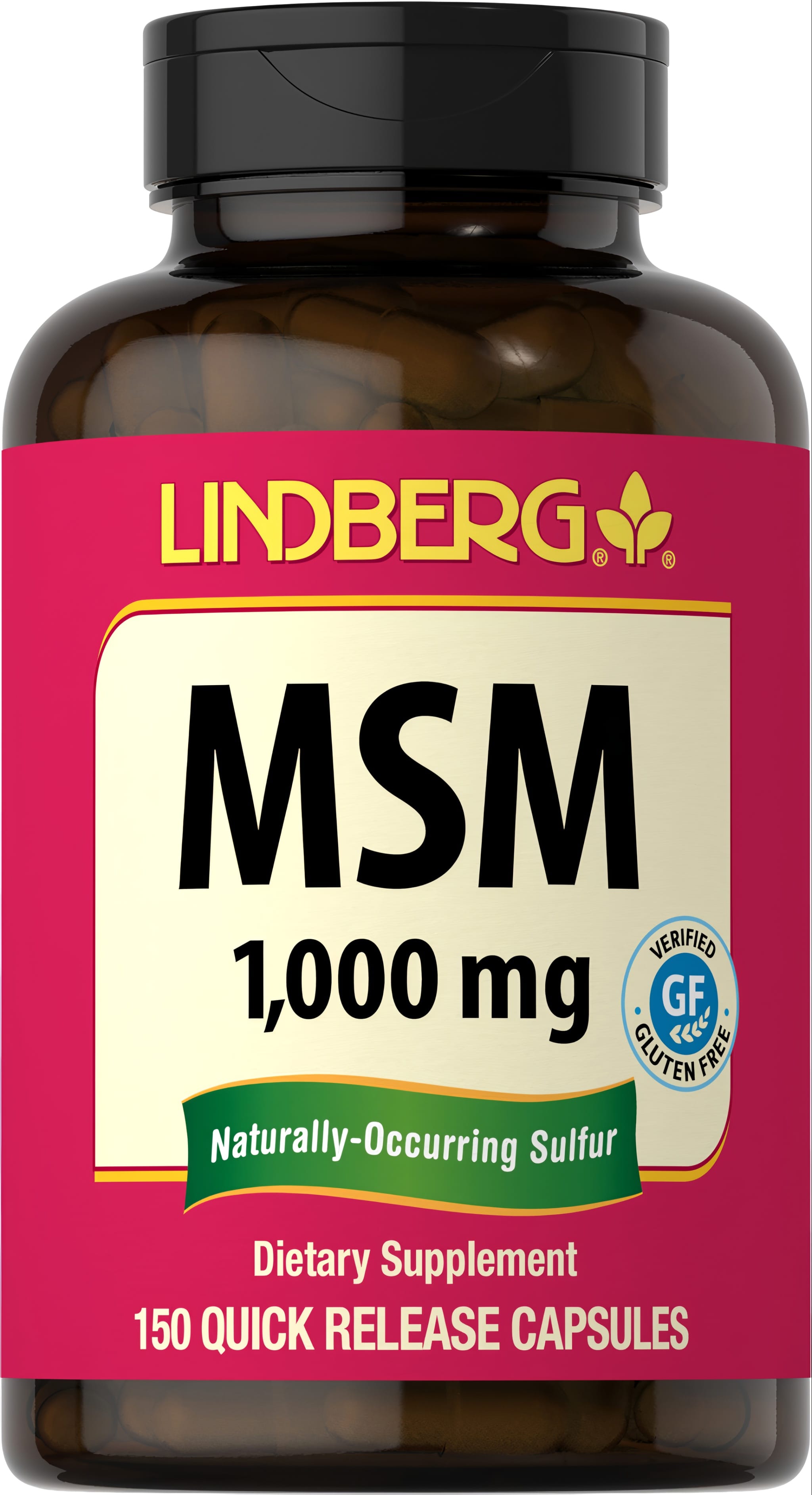 MSM 1,000 mg supplement bottle containing 150 quick release capsules.